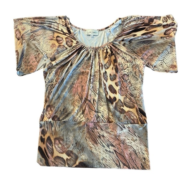 LINDA SEGAL WOMENS GORGEOUS ABSTRACT SHORT DRAPED SLEEVES TOP SIZE MEDIUM - Picture 6 of 12